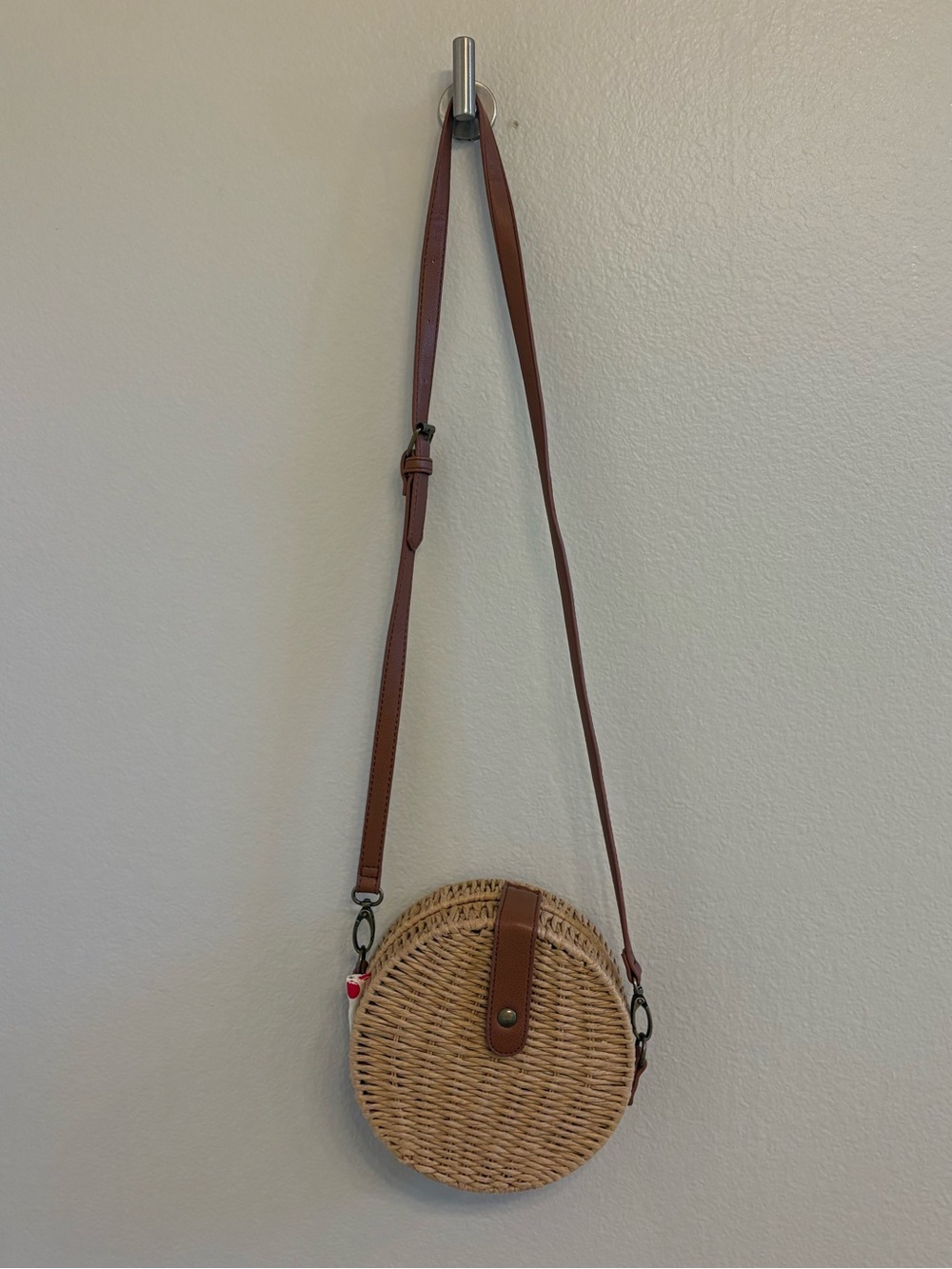 Round Woven Crossbody Bag with Brown Strap